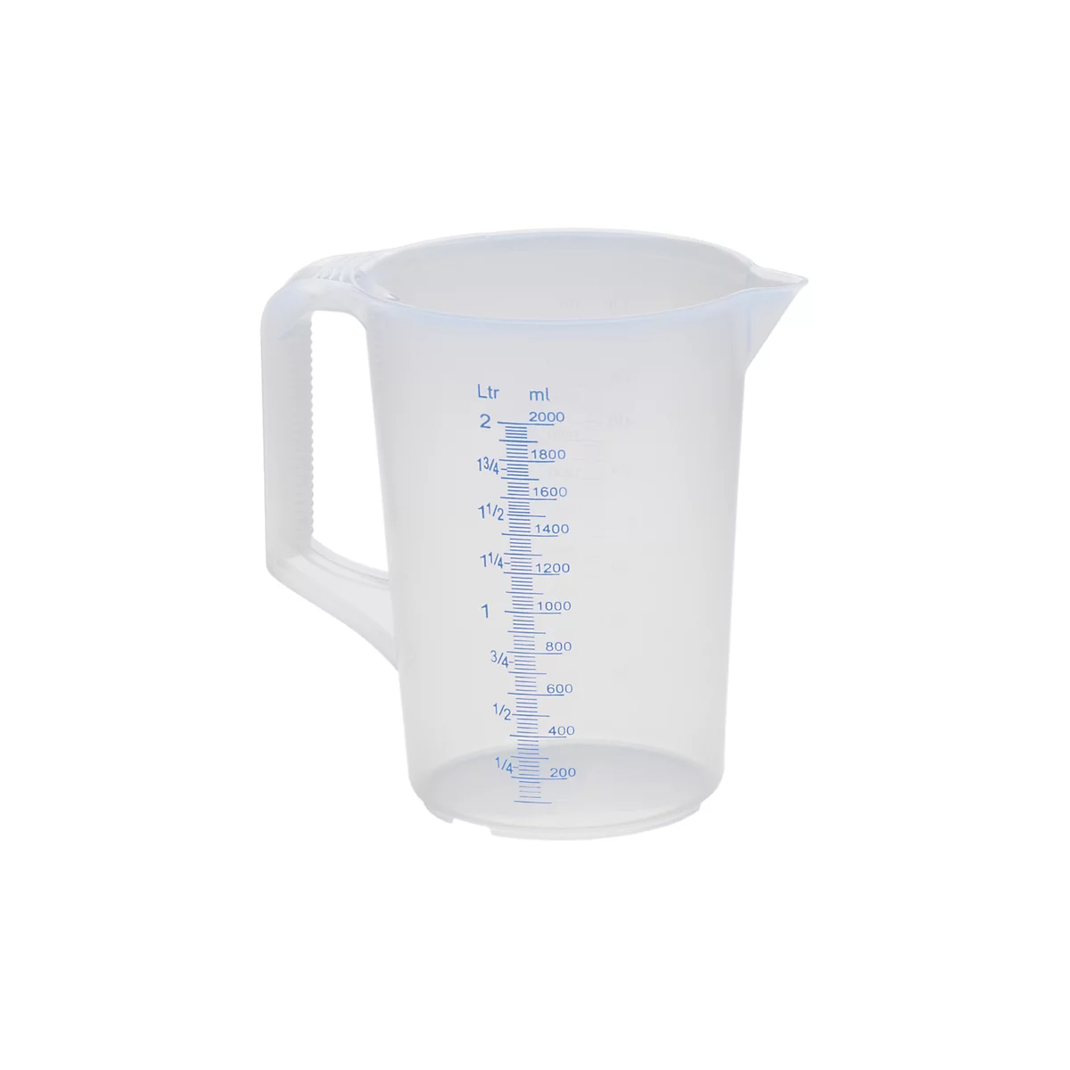Transparent measuring jug with handle and measuring scale, blue lettering.