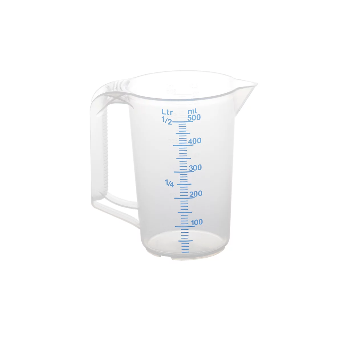 Transparent measuring jug with a handle and a blue measurement scale. The scale indicates ml and litres.