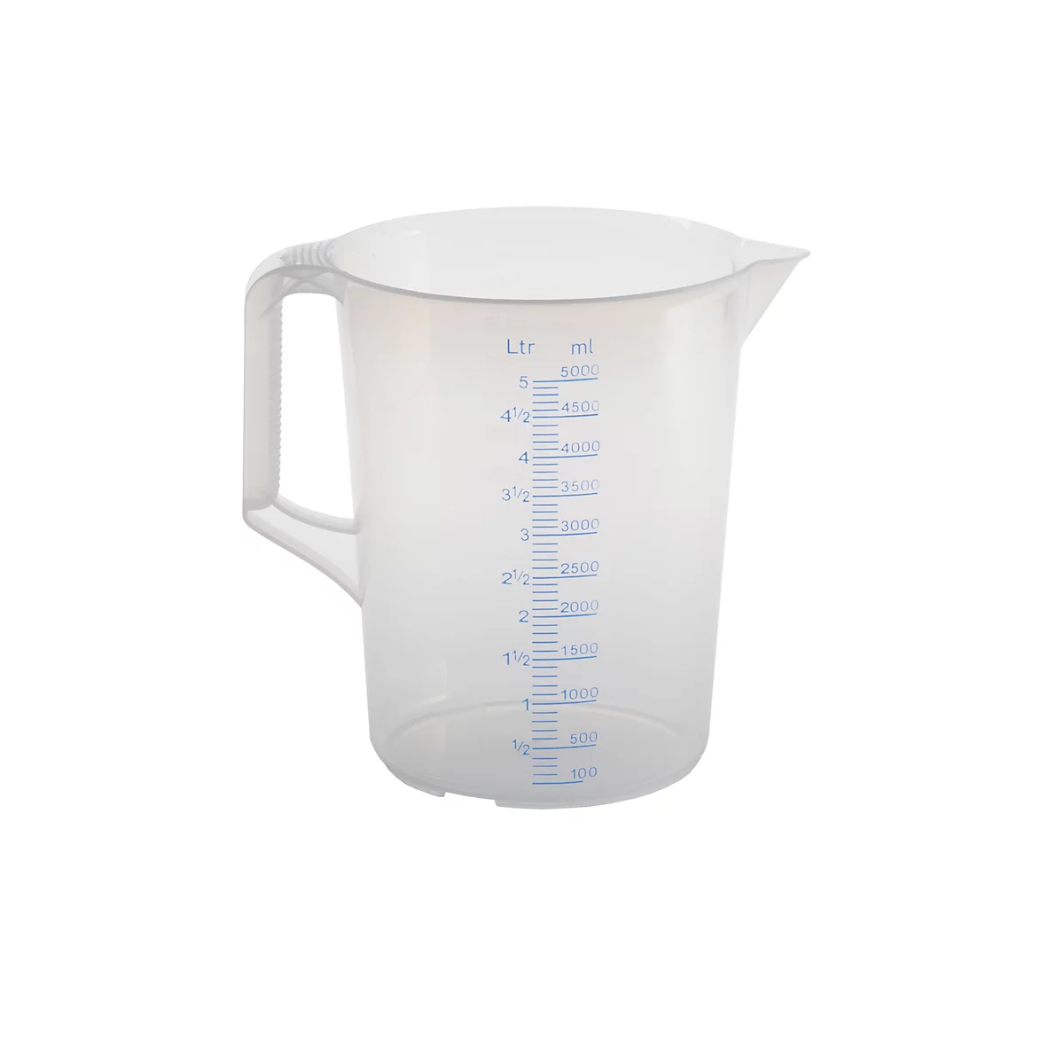 Transparent measuring jug with handle, blue scale. Pouring aid. Volume indications in liters and milliliters.