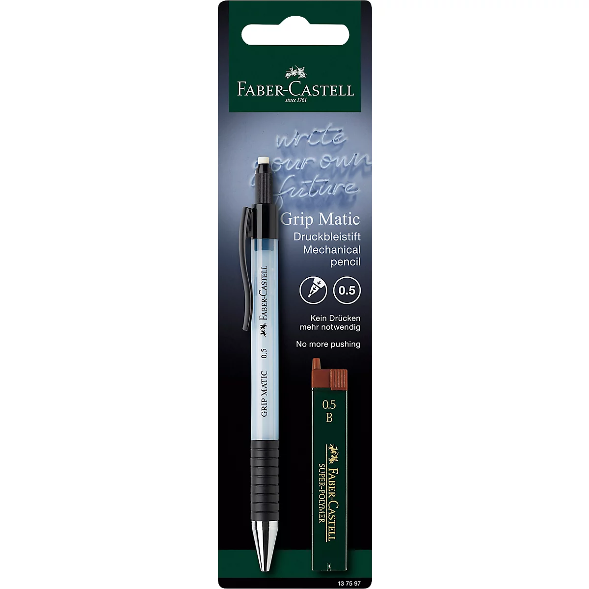 A Faber-Castell Grip Matic mechanical pencil with a 0.5 mm lead and a pack of replacement leads. The pen is black-blue and pictured on a black cardboard card.
