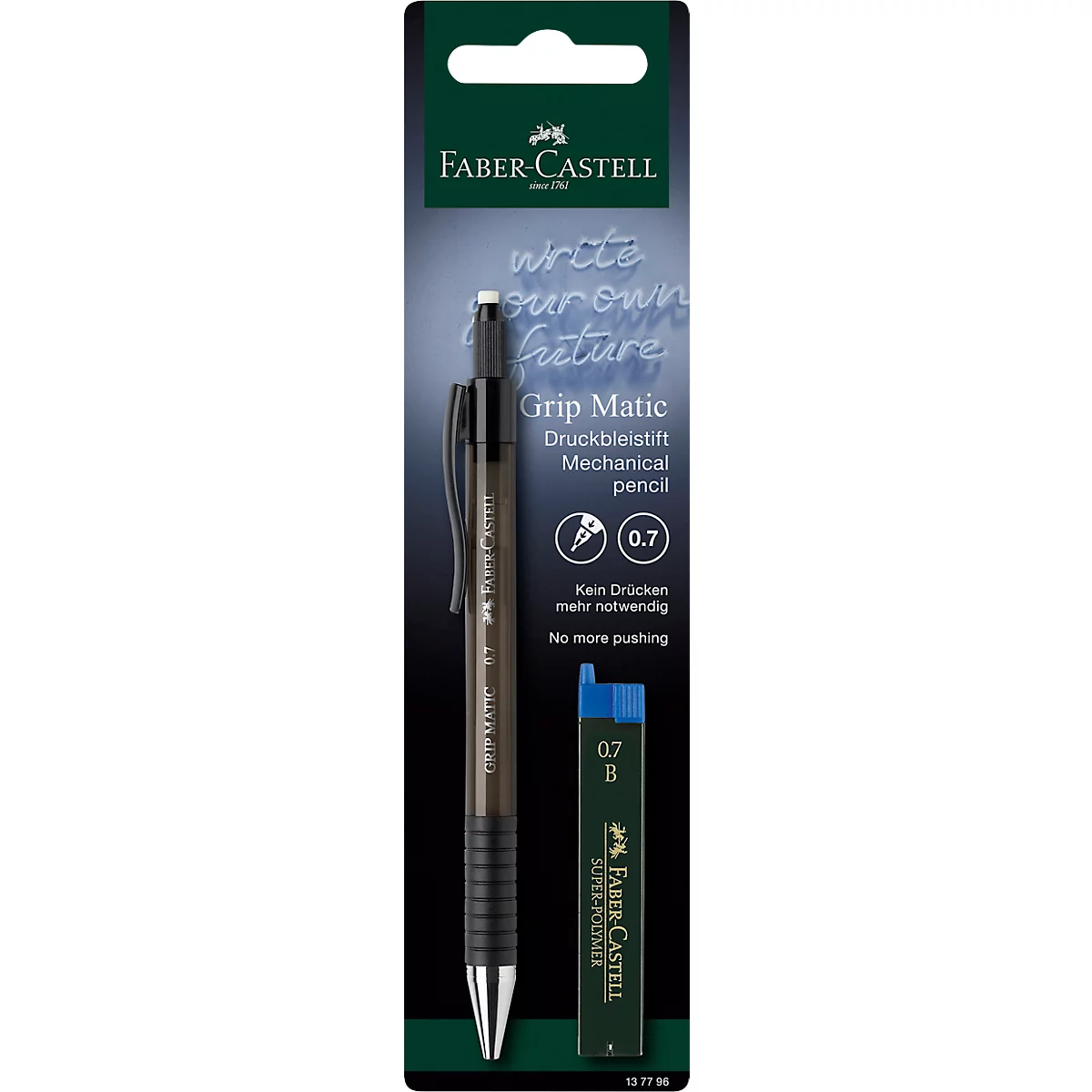 Faber-Castell Grip Matic mechanical pencil, black pen with replacement leads, "Grip Matic" lettering, 0.7, 0.7 B.