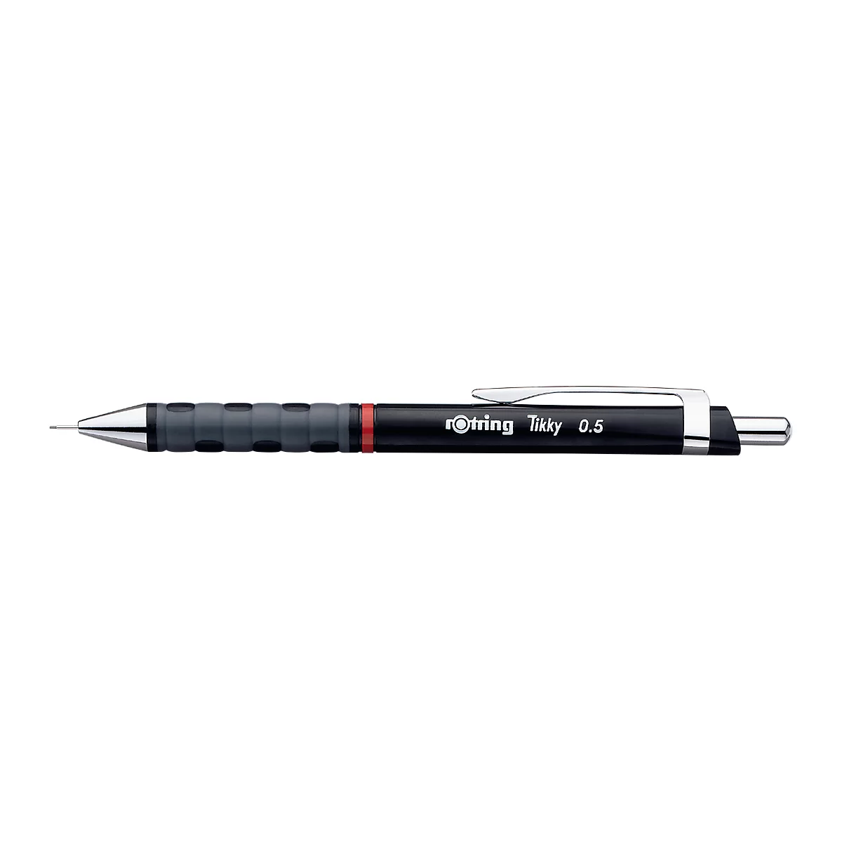 Black mechanical pencil, Rotring Tikky 0.5 brand with red ring and silver clip.