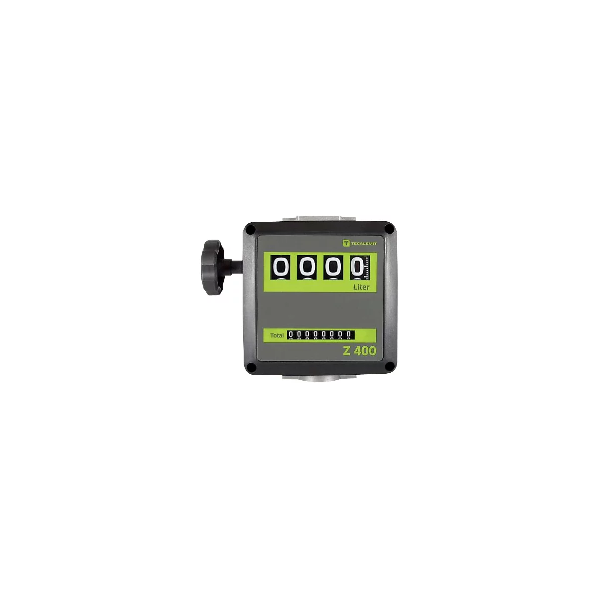 Gray measuring device with green display. 4 white digits at the top, below "Liter". Below "Total" and more digits.