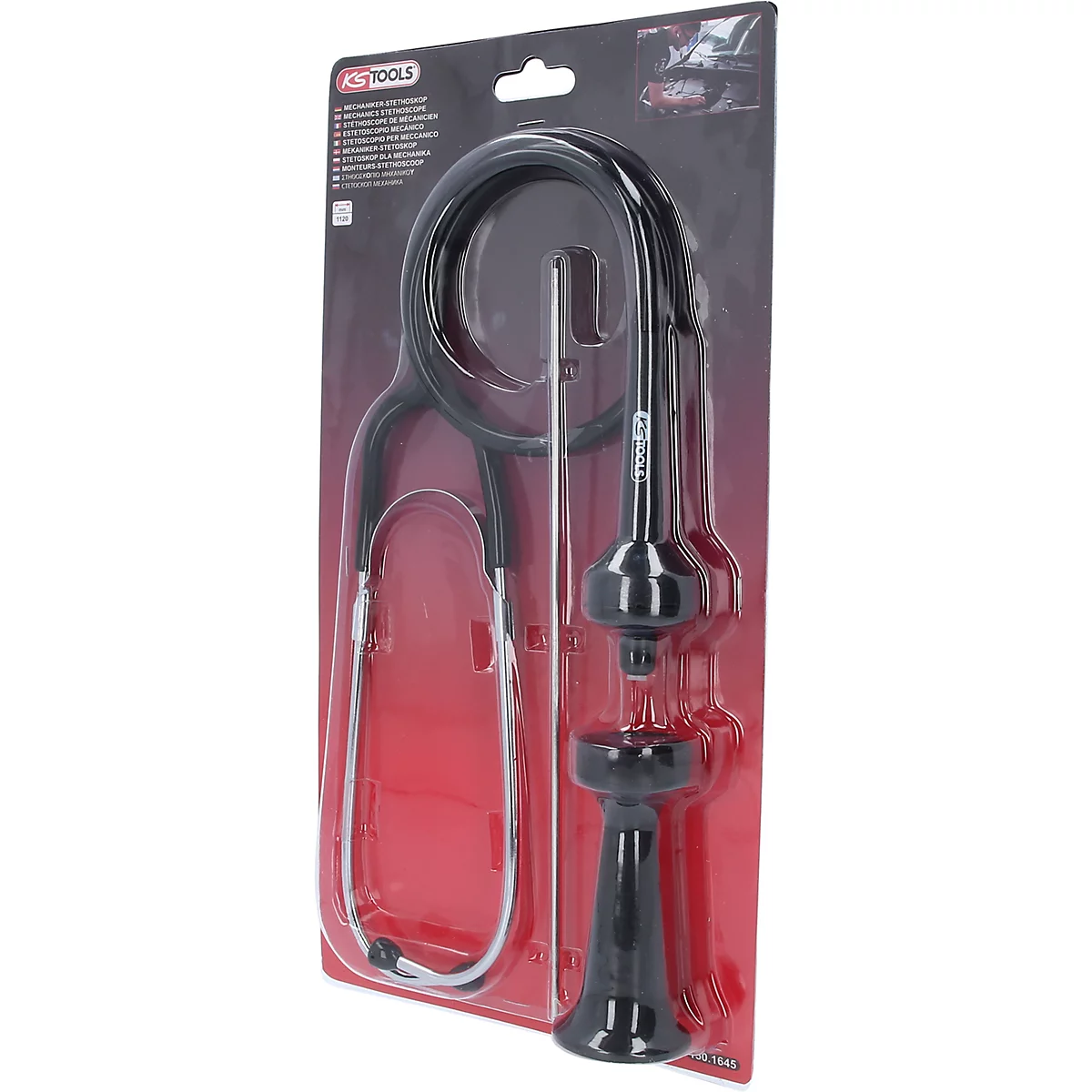 Ein Werkzeug, ein KS Tools-Diagnose-Stethoskop, schwarz und silberfarben, in einer Blisterpackung.