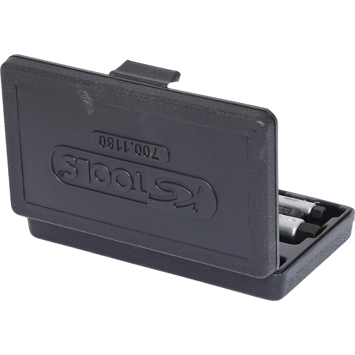 Schwarzer Werkzeugkasten mit KS TOOLS Logo und mehreren Werkzeugen. Der Deckel ist geöffnet.