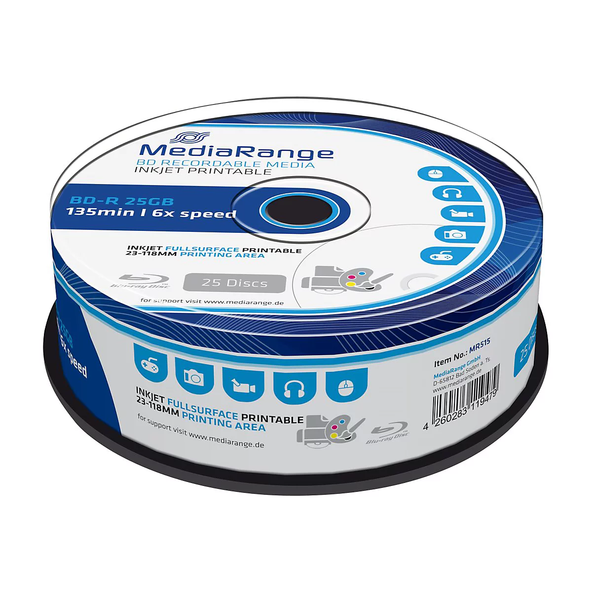 MediaRange - 25 x BD-R - 25 GB 6x - mit Tintenstrahldrucker bedruckbare Oberfläche - Spindel