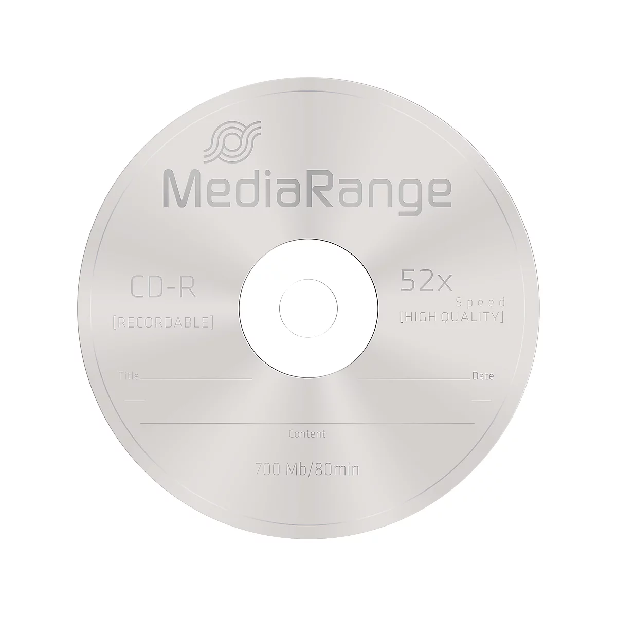 Silver CD-R from MediaRange, with print: CD-R, 52x, 700 MB/80min.