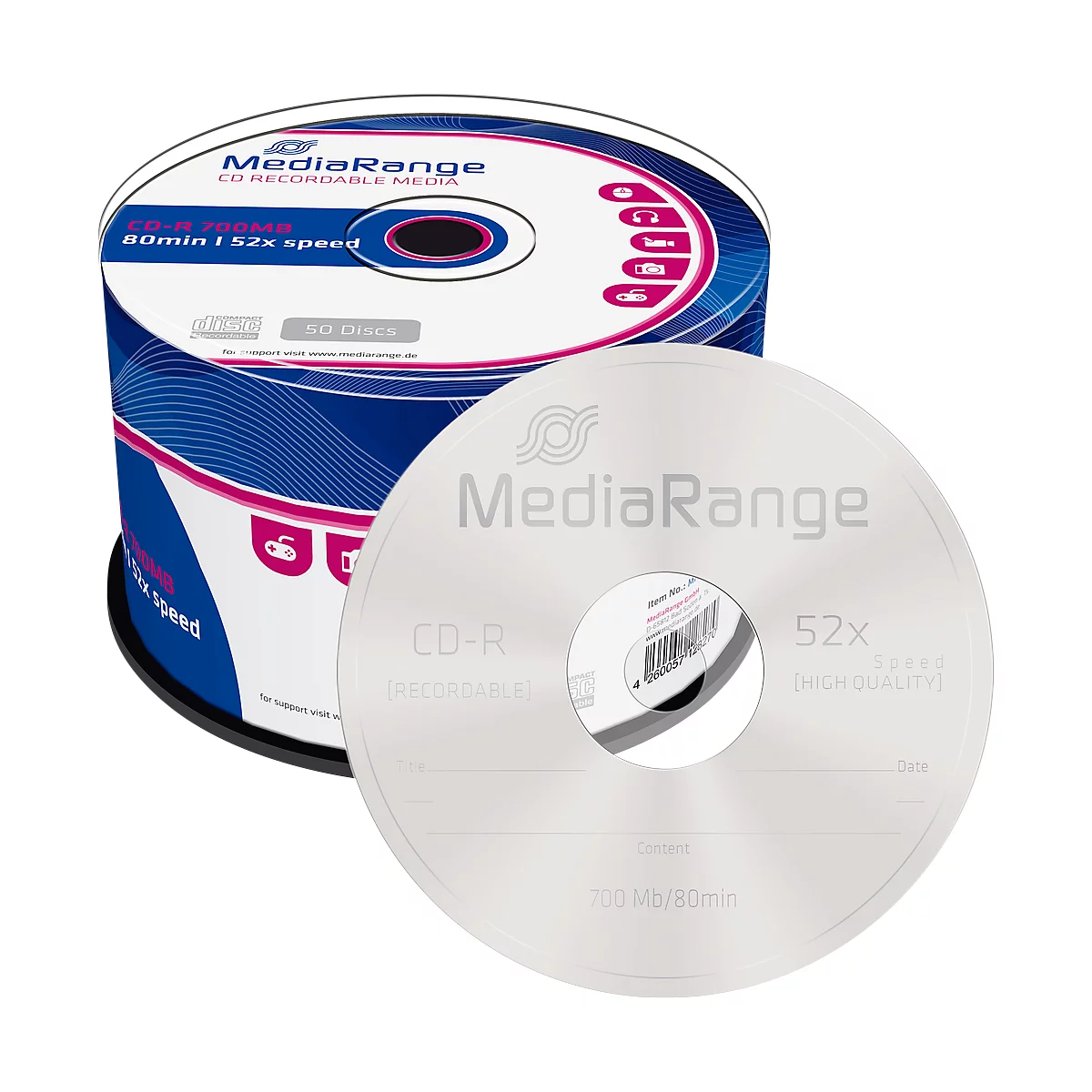 A pack of CD-Rs by MediaRange. A CD is lying next to it.