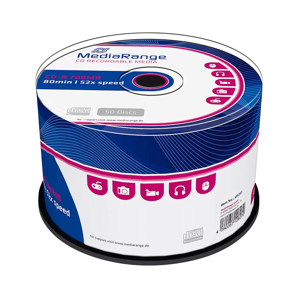 A package of MediaRange CDs, white with blue and pink design. Inscription: CD-R 700MB, 80min, 52x speed.