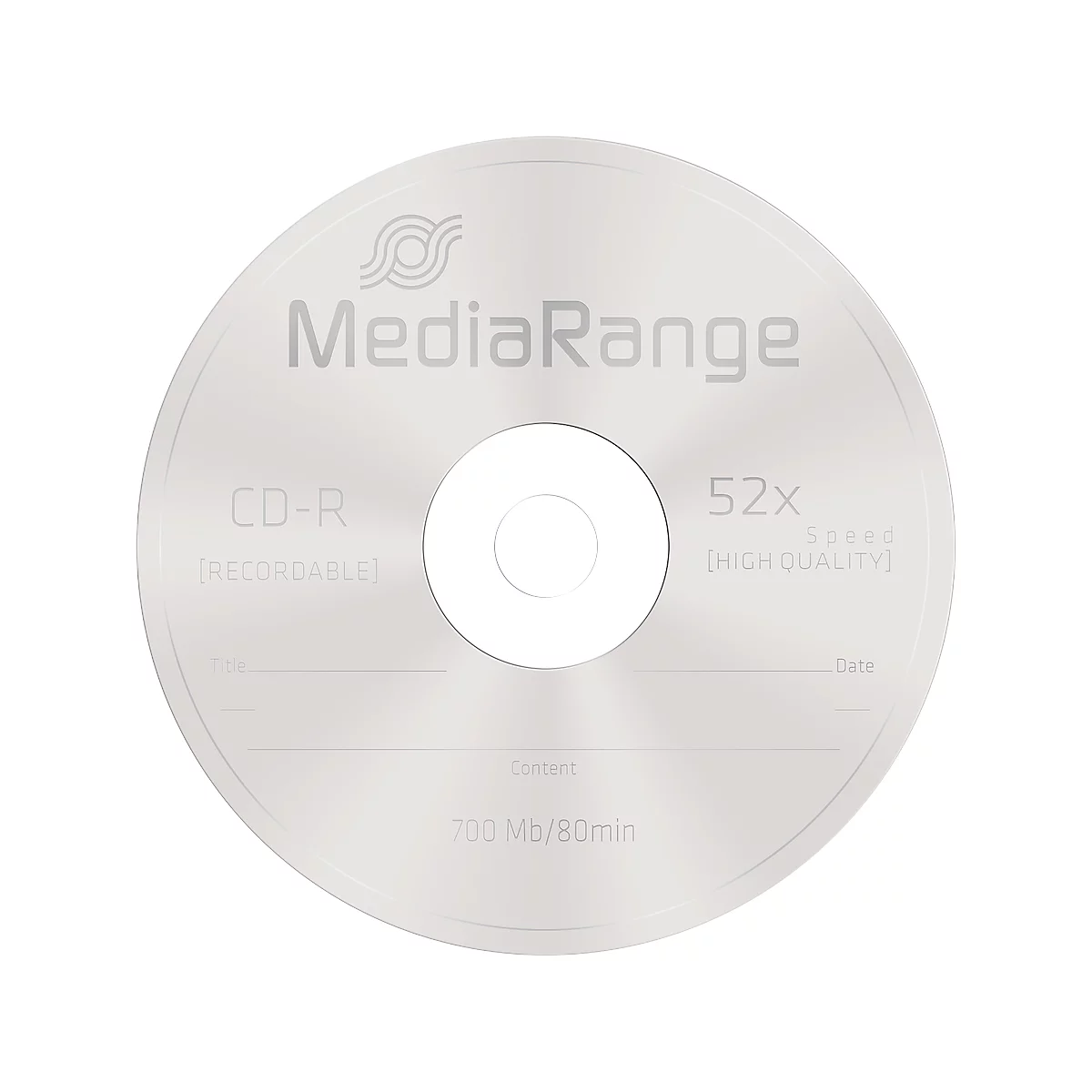 Silver MediaRange CD-R with "CD-R", "52x", "700 Mb/80min" text.