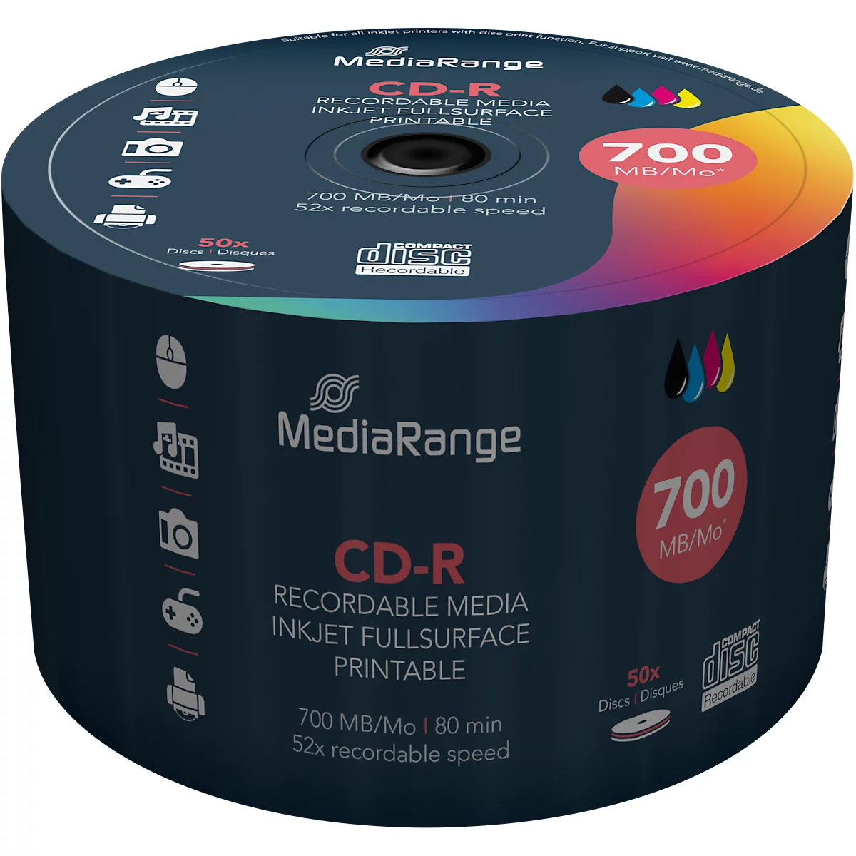Ein Turm aus CD-Rs der Marke MediaRange. Aufdruck: CD-R, 700 MB/80 Min. Aufdrucke in Blau, Gelb, Magenta und Cyan.