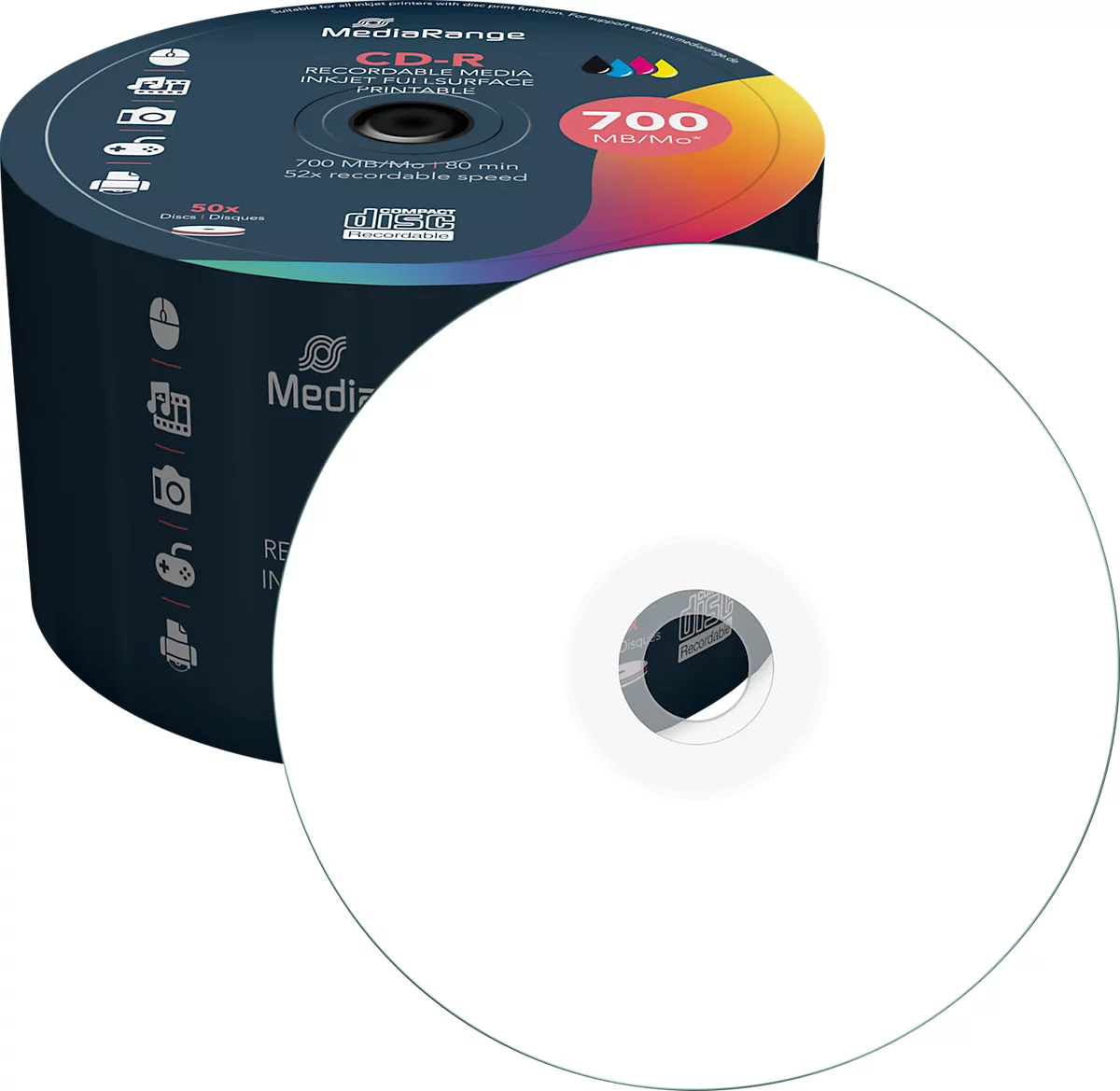 MediaRange CD-R MR208, Kapazität 700 MB/80 Minuten Laufzeit, 52-fache Schreibgeschwindigkeit, vollflächig bedruckbar, 50er-Spindel in umweltfreundlichem ECO Pack50
