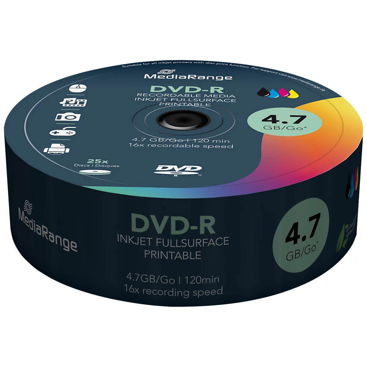 MediaRange DVD Rohlinge DVD-R MR407, 4,7 GB/120 min, 16-fache Schreibgeschwindigkeit, bedruckbar mit Inkjetdruckern, 25 Stück auf Spindel, weiß
