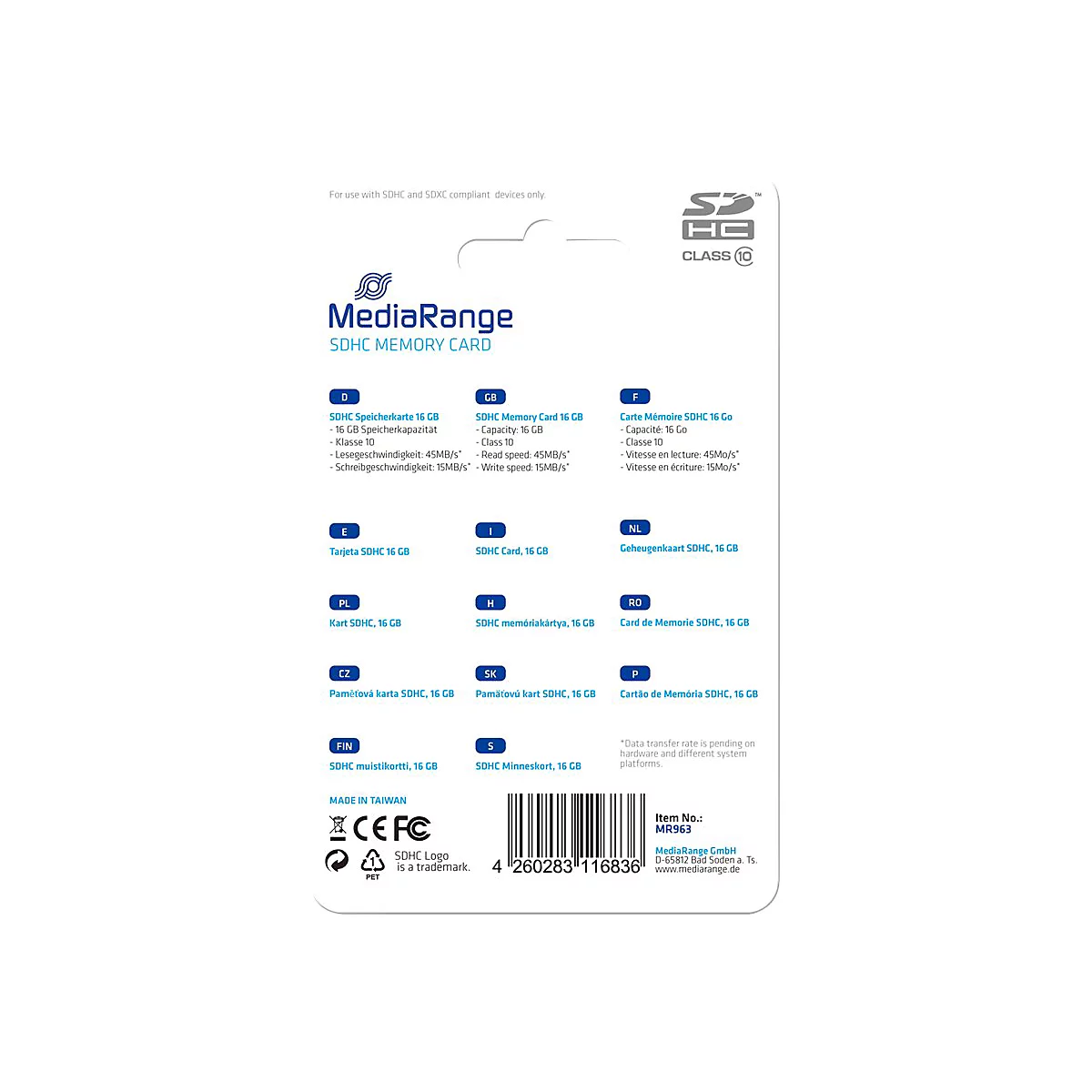 MediaRange - Flash-Speicherkarte - 16 GB - Class 10 - SDHC - Blau
