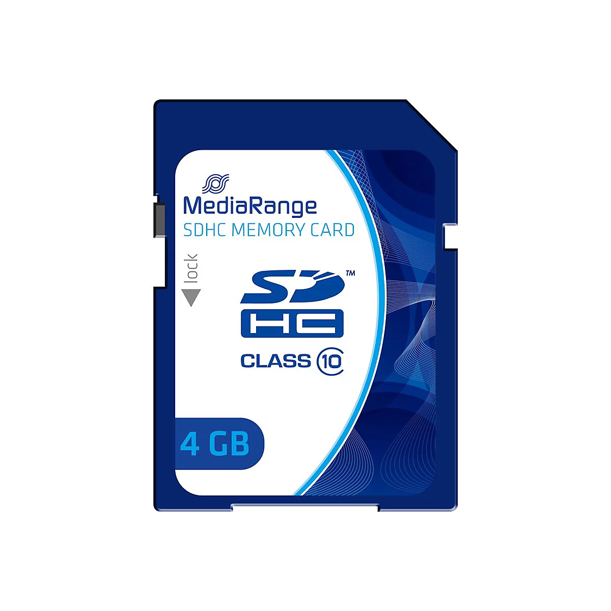 Blaue SDHC-Speicherkarte von MediaRange mit Schriftzug '4 GB'.