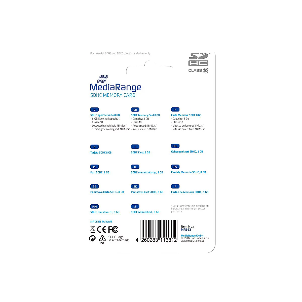 MediaRange - Flash-Speicherkarte - 8 GB - Class 10 - SDHC - Blau