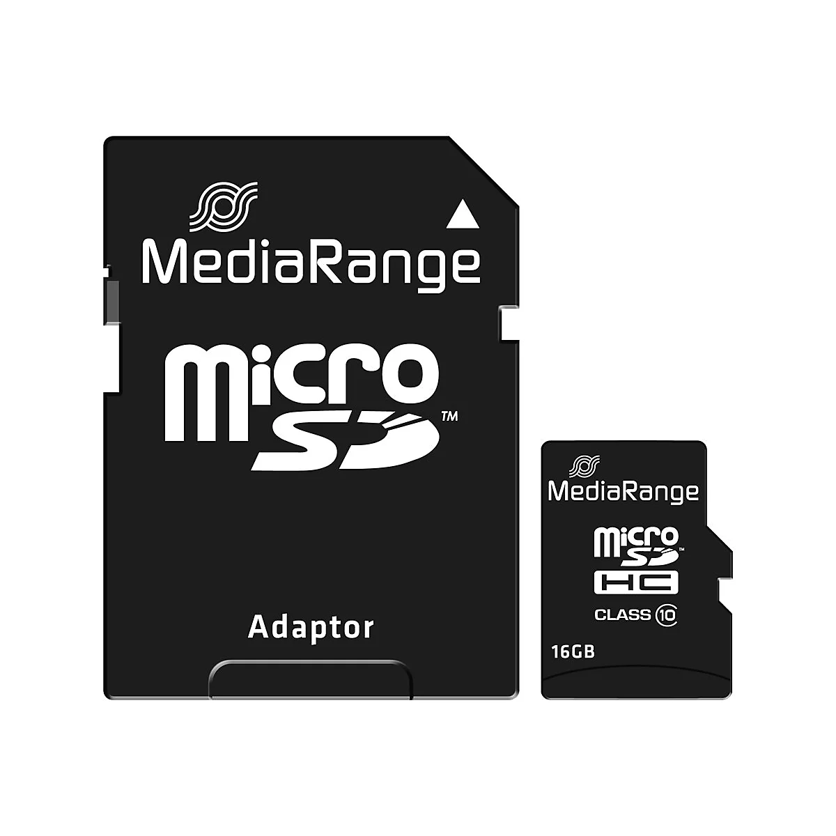 Schwarze MediaRange Micro-SD-Karte mit Adapter. Aufschrift: Micro SD, 16GB. Daneben eine Micro SD Karte.