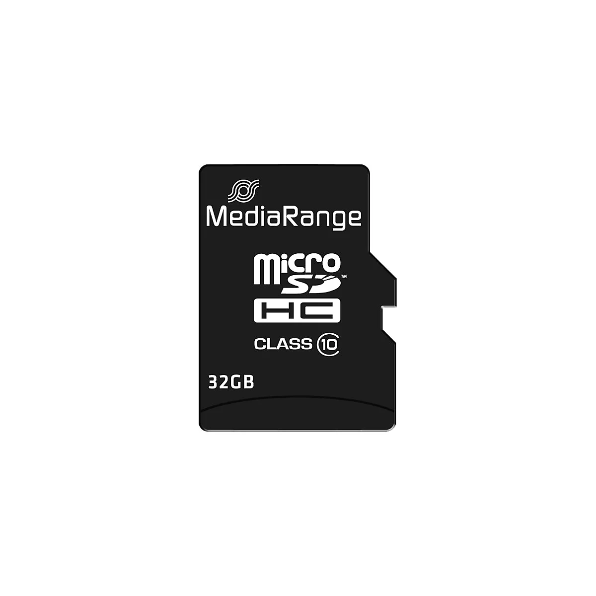 Schwarze microSD-Karte mit Aufschrift MediaRange, Micro SDHC, Class 10, 32GB.
