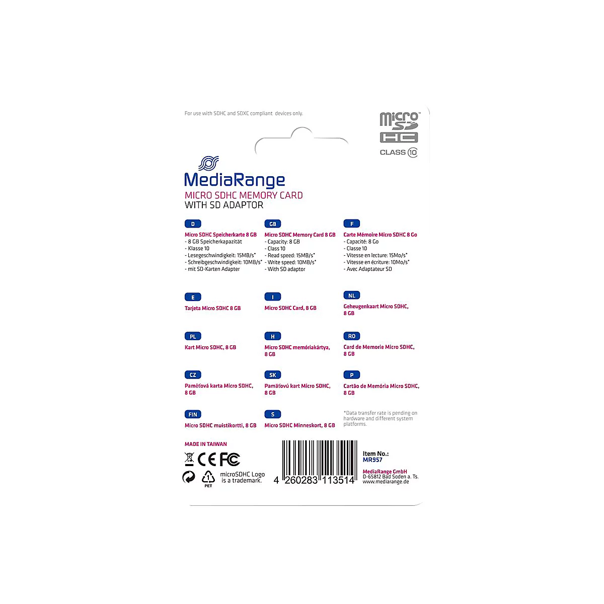 MediaRange - Flash-Speicherkarte (microSDHC/SD-Adapter inbegriffen) - 8 GB - Class 10 - microSDHC - Schwarz