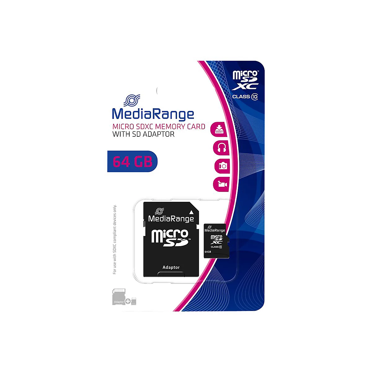 MediaRange - Flash-Speicherkarte (microSDXC-an-SD-Adapter inbegriffen) - 64 GB - Class 10 - microSDXC - Schwarz