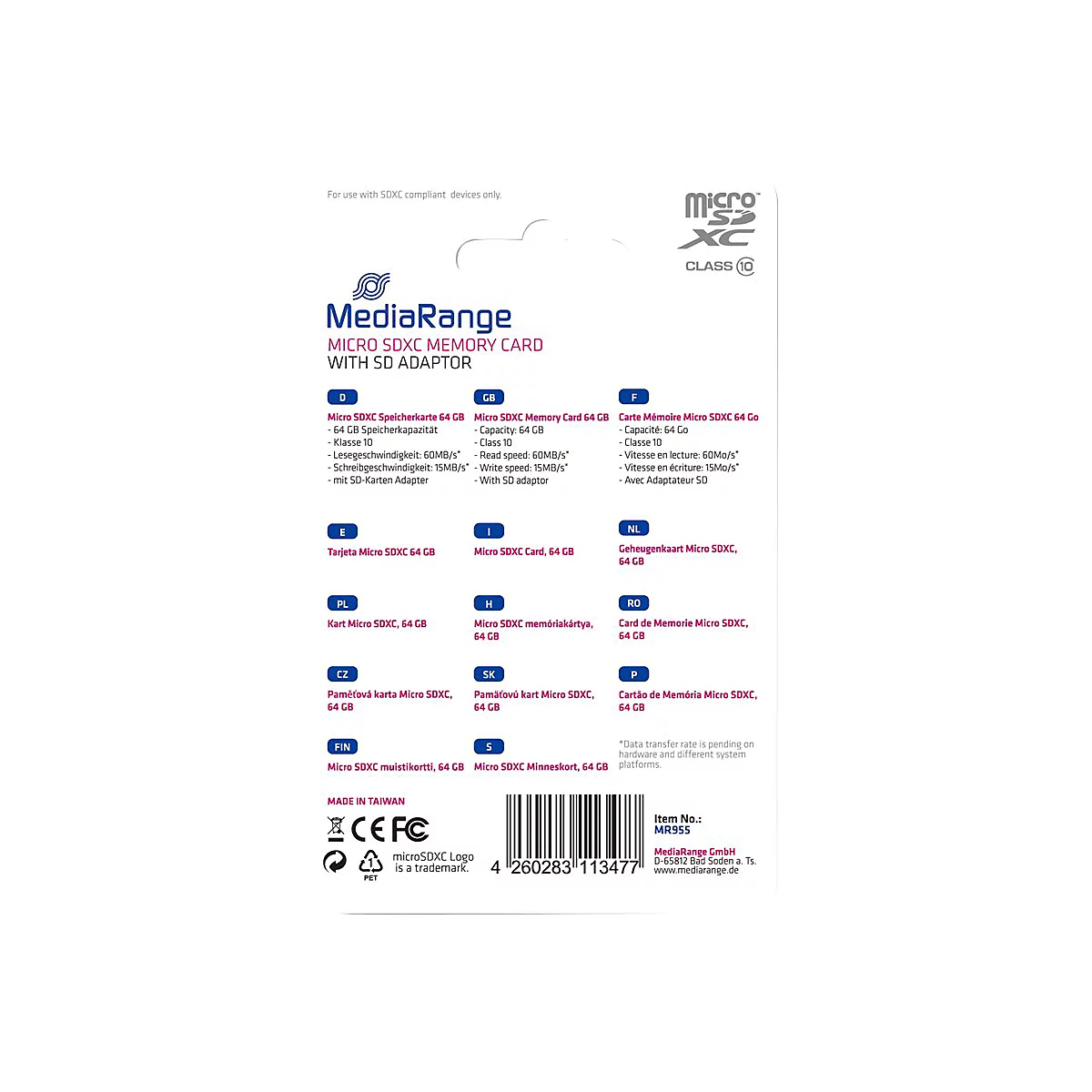 MediaRange - Flash-Speicherkarte (microSDXC-an-SD-Adapter inbegriffen) - 64 GB - Class 10 - microSDXC - Schwarz