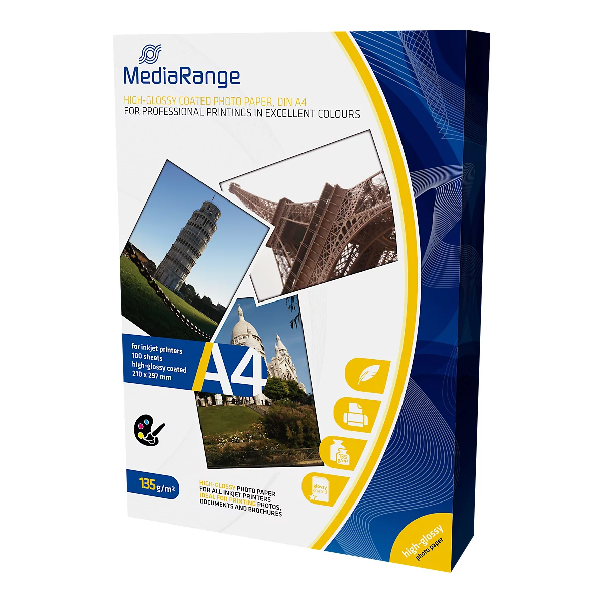 MediaRange Fotopapier A4, für Tintenstrahldrucker, hochglänzend, 100 Blatt a 135 g