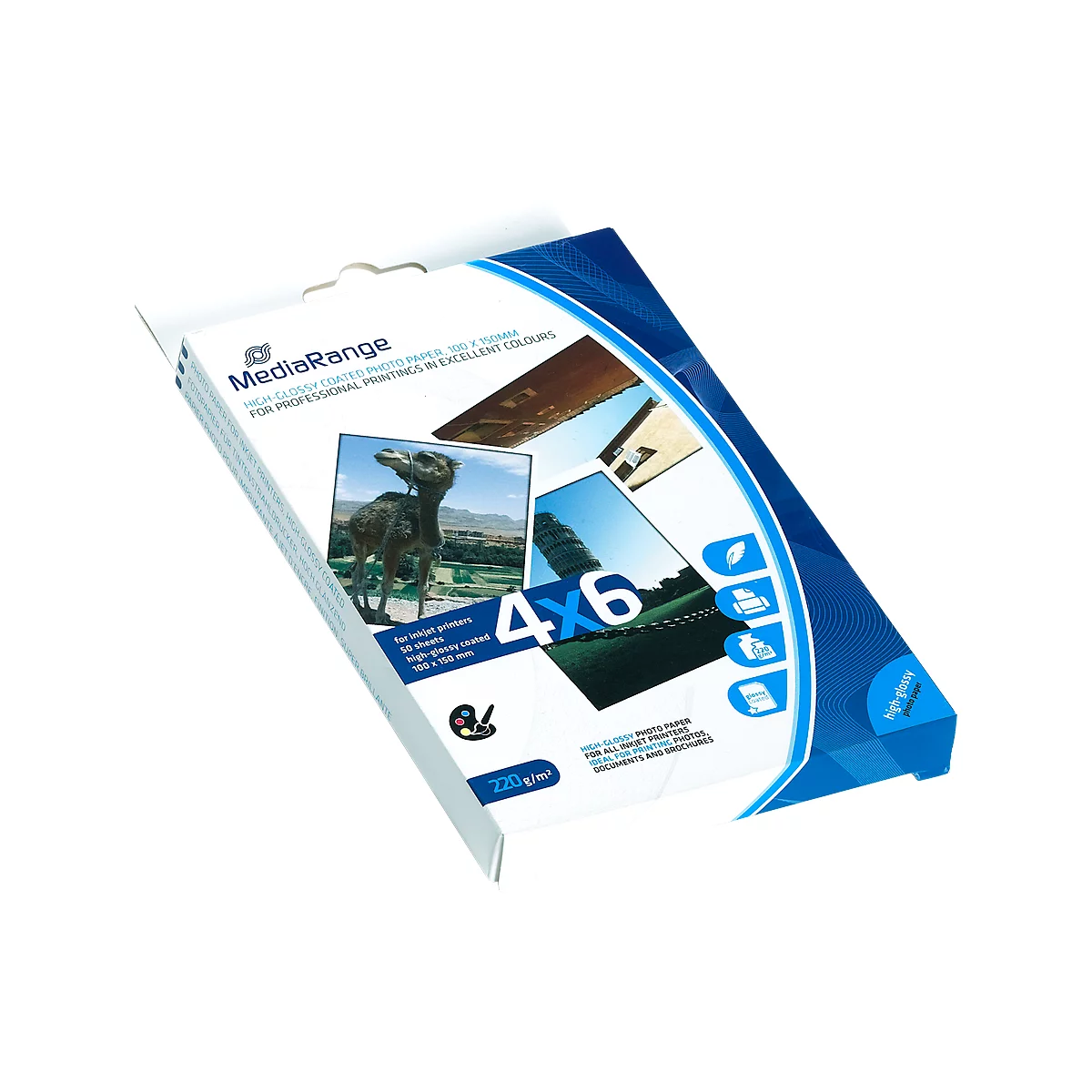 Eine Packung 4x6 Fotopapier der Marke MediaRange. Aufdrucke: 50 Blätter, hochglänzend, 220 g/m².