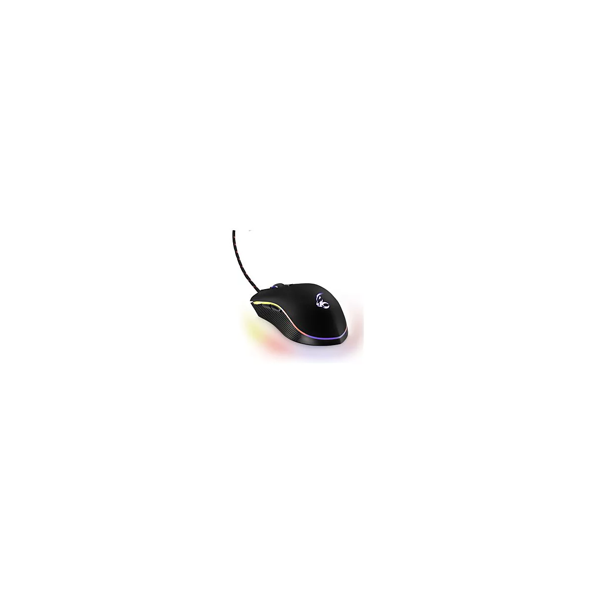 Schwarze Gaming-Maus mit RGB-Beleuchtung und geflochtenem Kabel vor weißem Hintergrund.