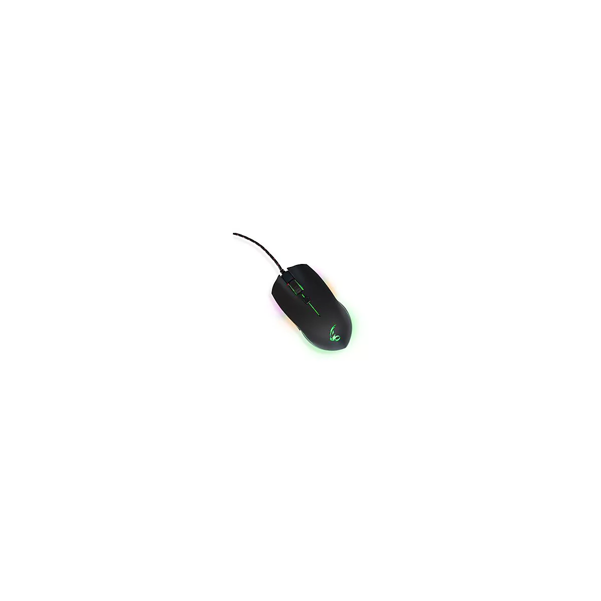 Schwarze Gaming-Maus mit grün leuchtendem Logo und Kabel auf weißem Hintergrund.
