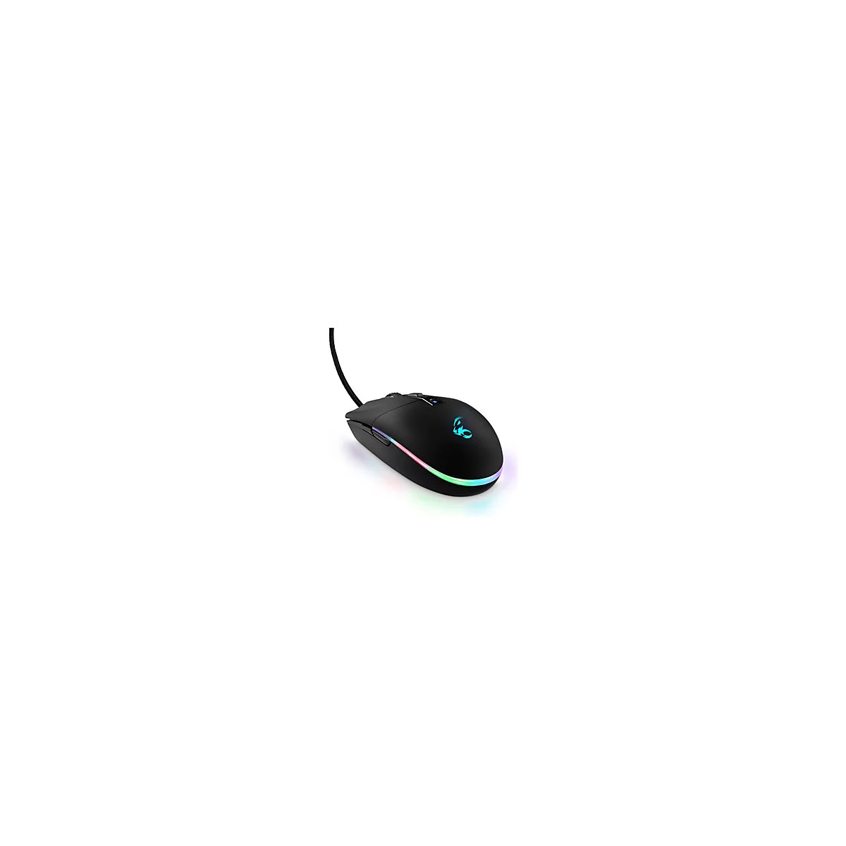 Schwarze Gaming-Maus mit RGB-Beleuchtung und Kabel vor weißem Hintergrund.