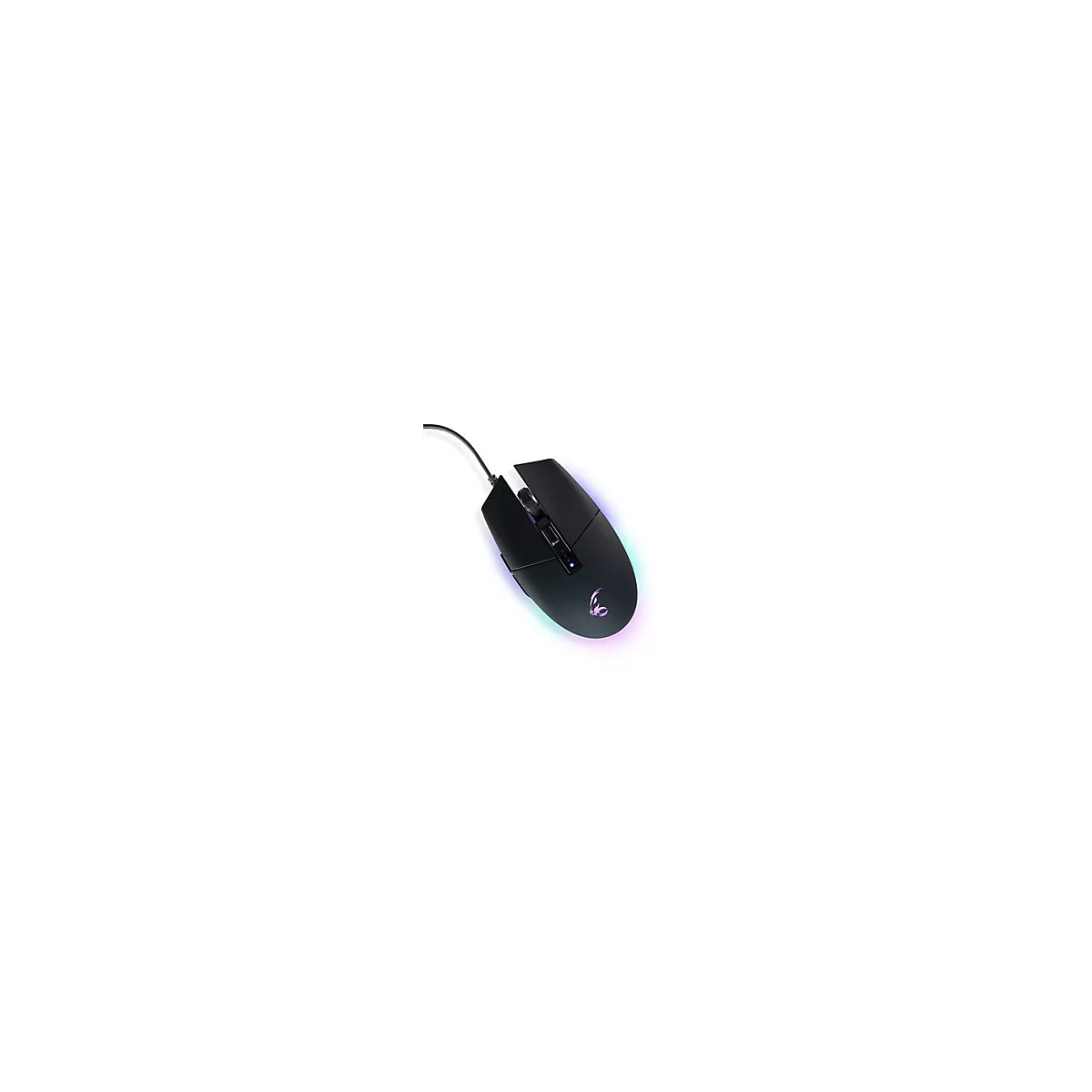Schwarze Gaming-Maus mit RGB-Beleuchtung und Kabel vor weißem Hintergrund.