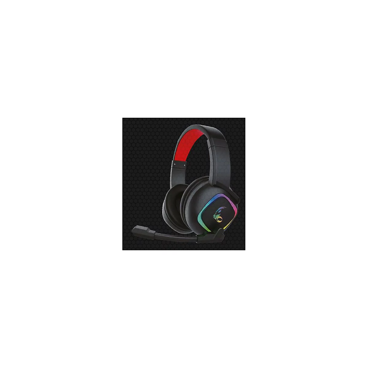 Schwarzes Gaming-Headset mit rotem Kopfband und leuchtenden RGB-Akzenten auf schwarzem Wabenmuster-Hintergrund.
