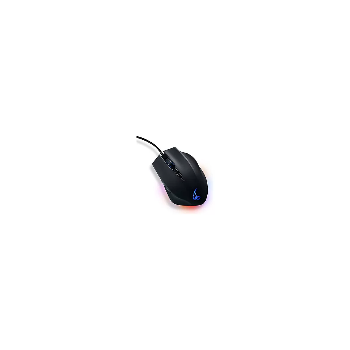 Schwarze Gaming-Maus mit blau beleuchtetem Logo und Kabel vor weißem Hintergrund.