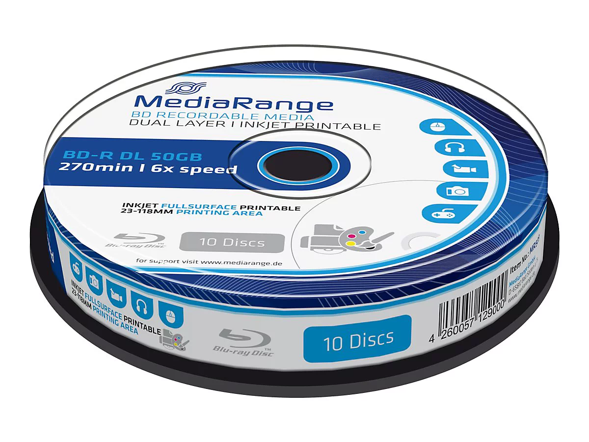 MediaRange Inkjet Fullsurface-Printable - BD-R DL x 10 - 50 GB - Speichermedium