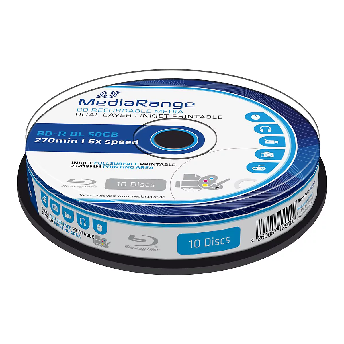 MediaRange Inkjet Fullsurface-Printable - BD-R DL x 10 - 50 GB - Speichermedium