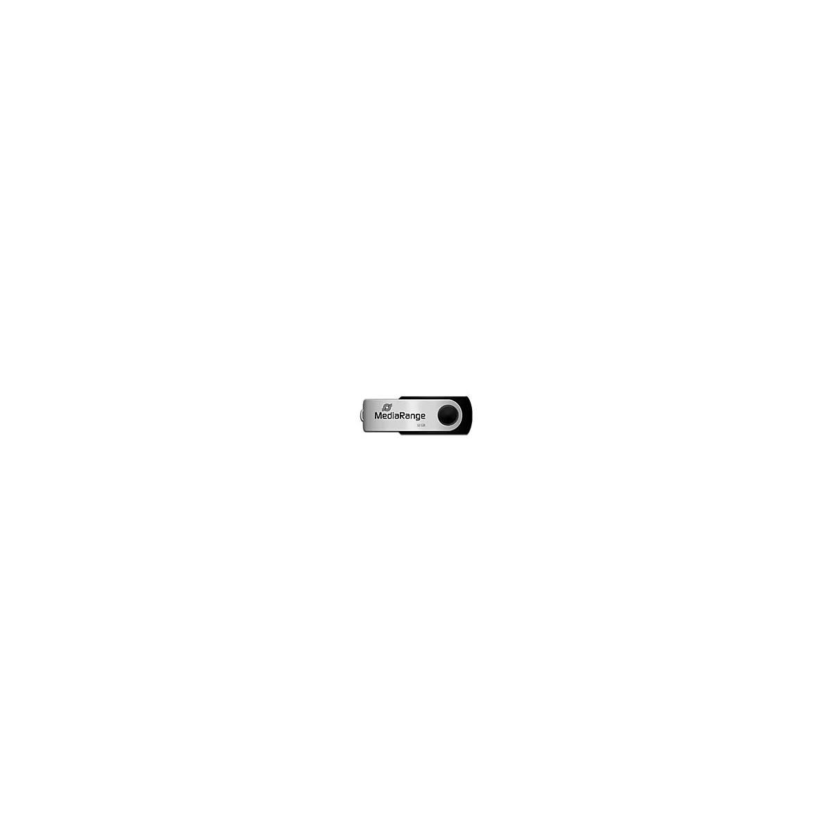 Silberner USB-Stick von MediaRange mit 32 GB Speicherkapazität. Der Stick hat eine schwarze Kappe und eine Öse.