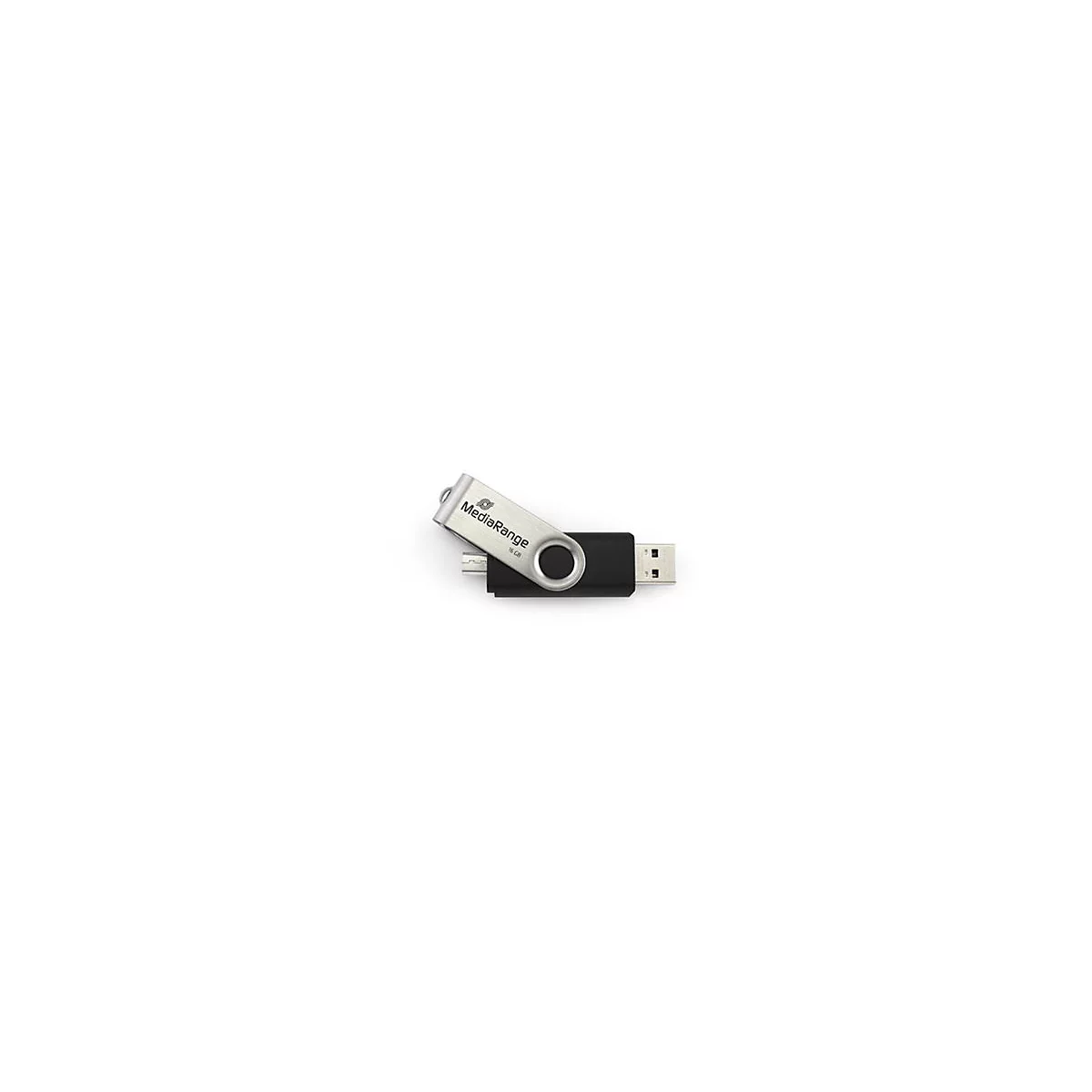 MediaRange 16GB USB-Stick mit schwenkbarem silbernem Metallbügel vor weißem Hintergrund.