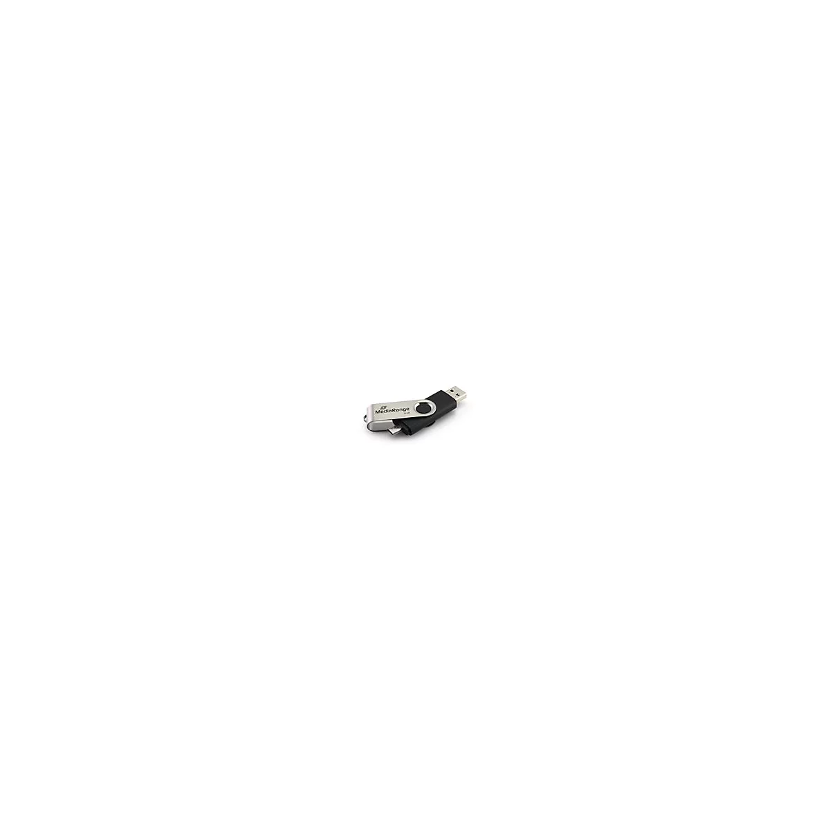 Schwarzer USB-Stick mit schwenkbarer, silberner Metallkappe mit MediaRange-Logo auf weißem Hintergrund.