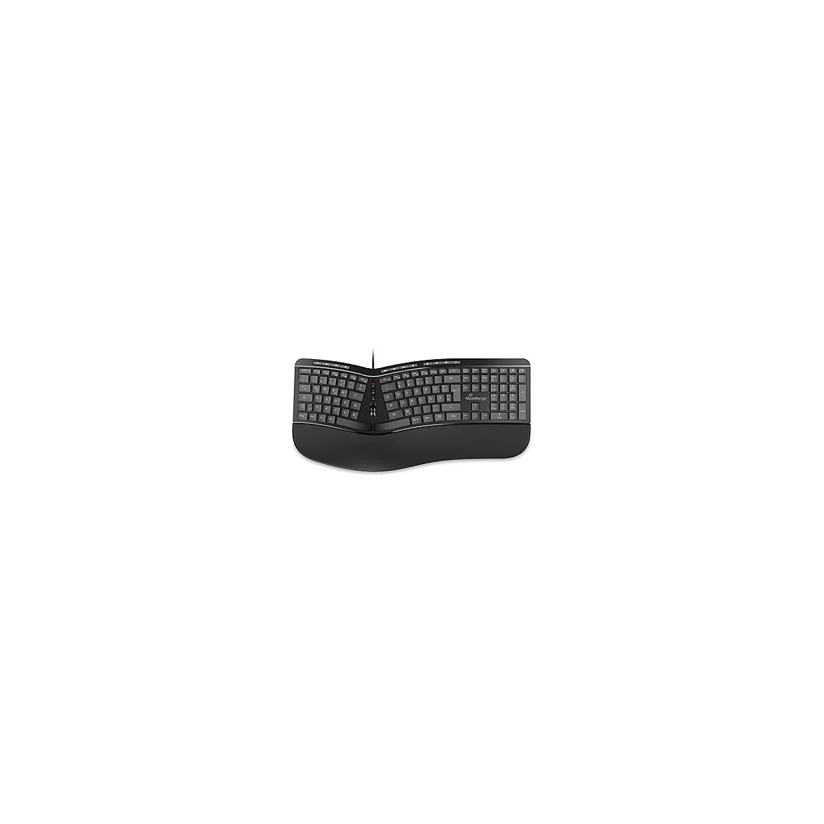 Schwarze, ergonomisch geschwungene Tastatur mit Handballenauflage vor weißem Hintergrund.