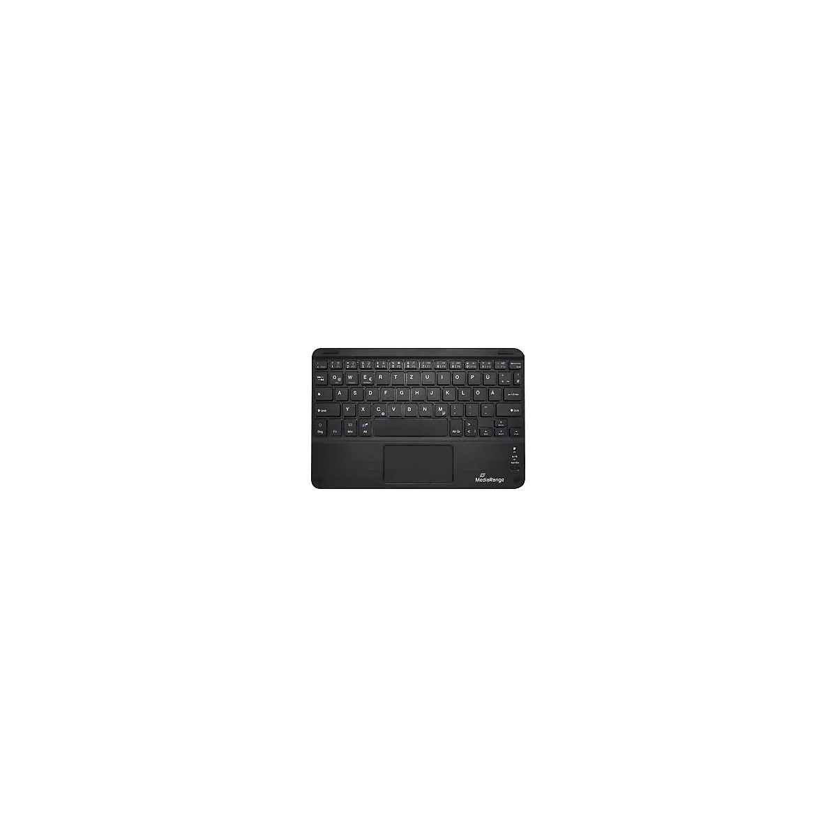 Drahtlose schwarze Tastatur mit Touchpad. Das Layout ist deutsch. Auf der Unterseite ist der Schriftzug MediaRange zu sehen.