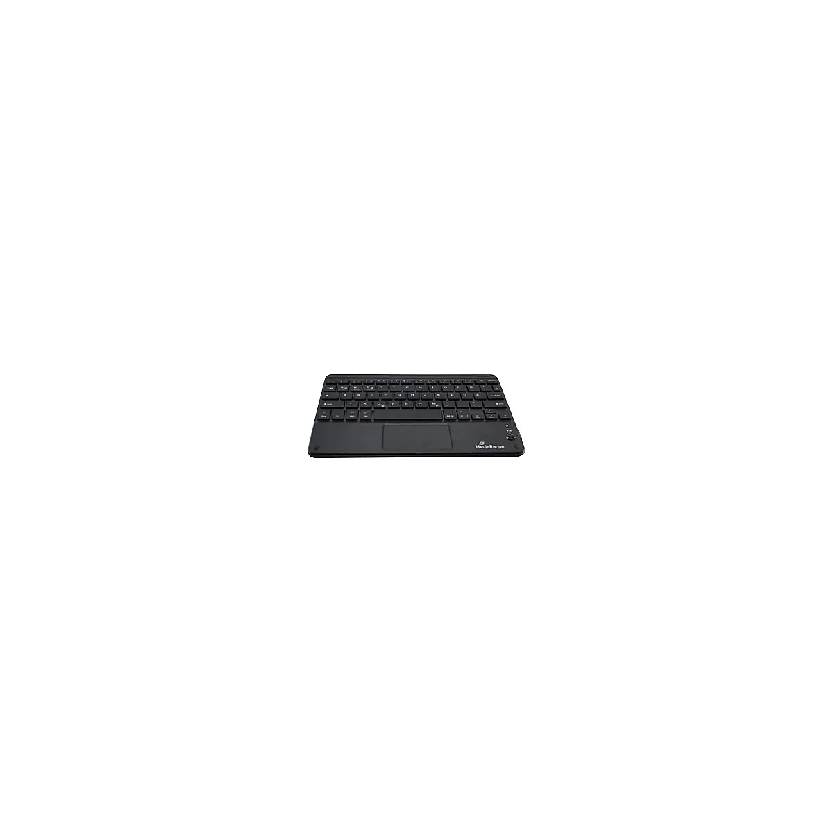Schwarze Tastatur mit Touchpad. Das Produkt trägt den Markennamen MediaRange.