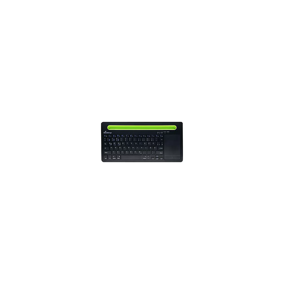 Schwarze Tastatur mit grüner Leiste und Touchpad. Die Tasten sind weiß beschriftet.
