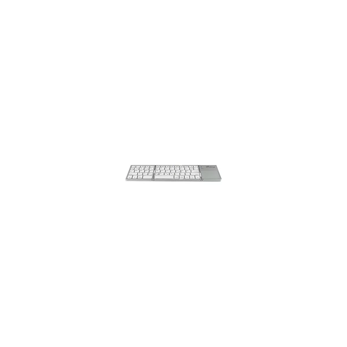 Flache, silberne, faltbare Bluetooth-Tastatur mit integriertem Touchpad und weißen Tasten auf weißem Grund.