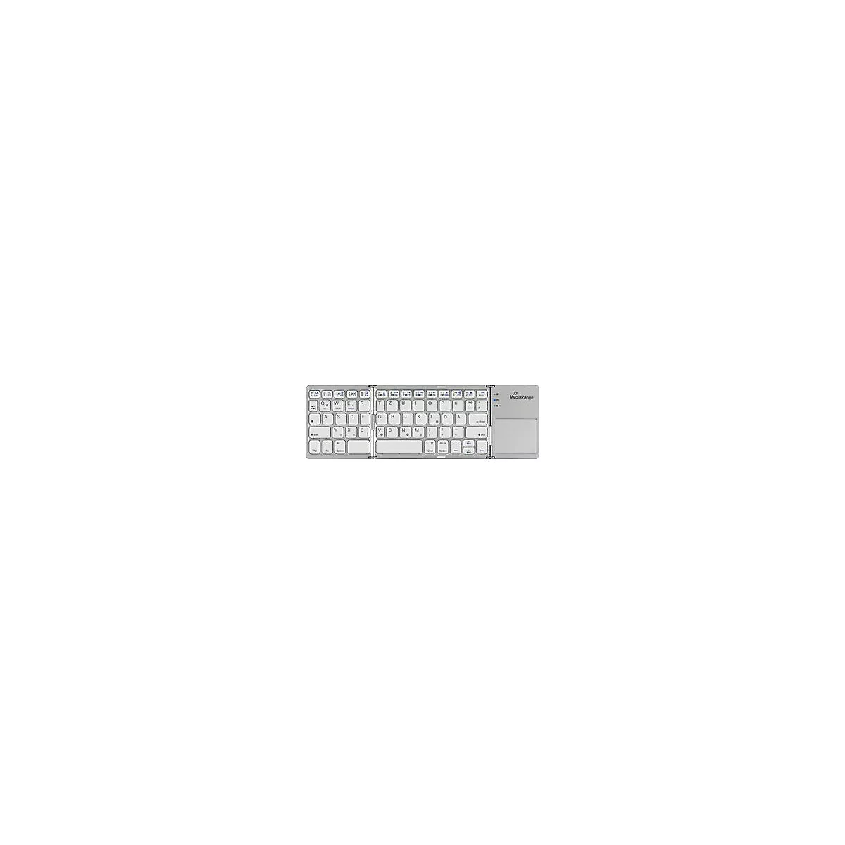 Silberne, faltbare Bluetooth-Tastatur mit deutschem QWERTZ-Layout und integriertem Touchpad rechts.