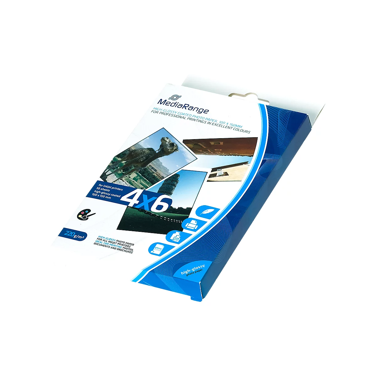 Box of photo paper with 4x6 print, brand name, logos and photos. Blue and white design, glossy.