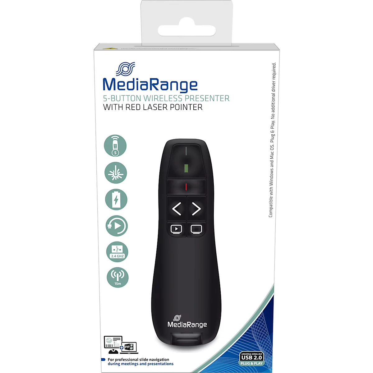 MediaRange Präsentationsfernbedienung MROS220, mit 5 Tasten und rotem Laserpointer, bis zu 15 m, schwarz
