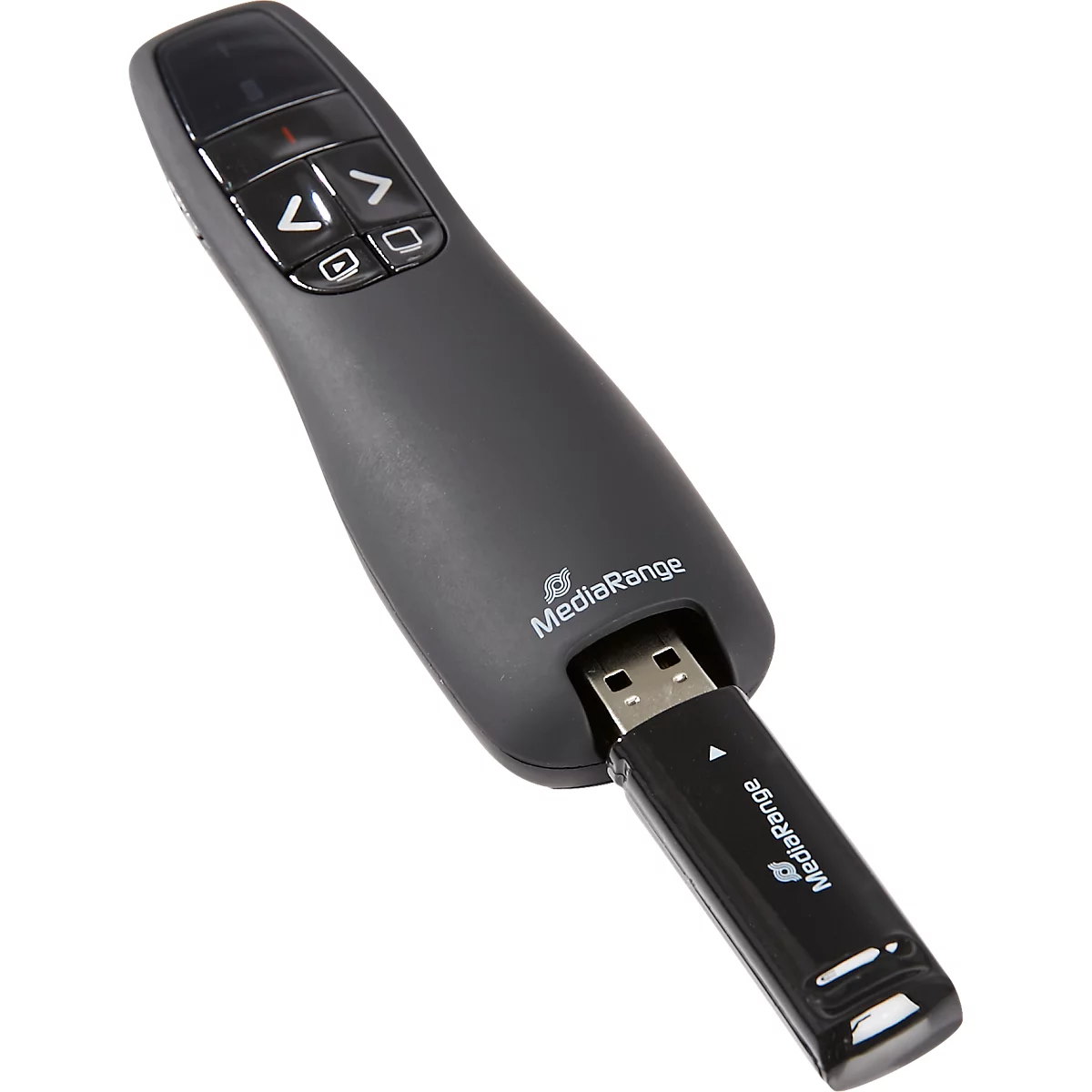 MediaRange Präsentationsfernbedienung MROS220, mit 5 Tasten und rotem Laserpointer, bis zu 15 m, schwarz