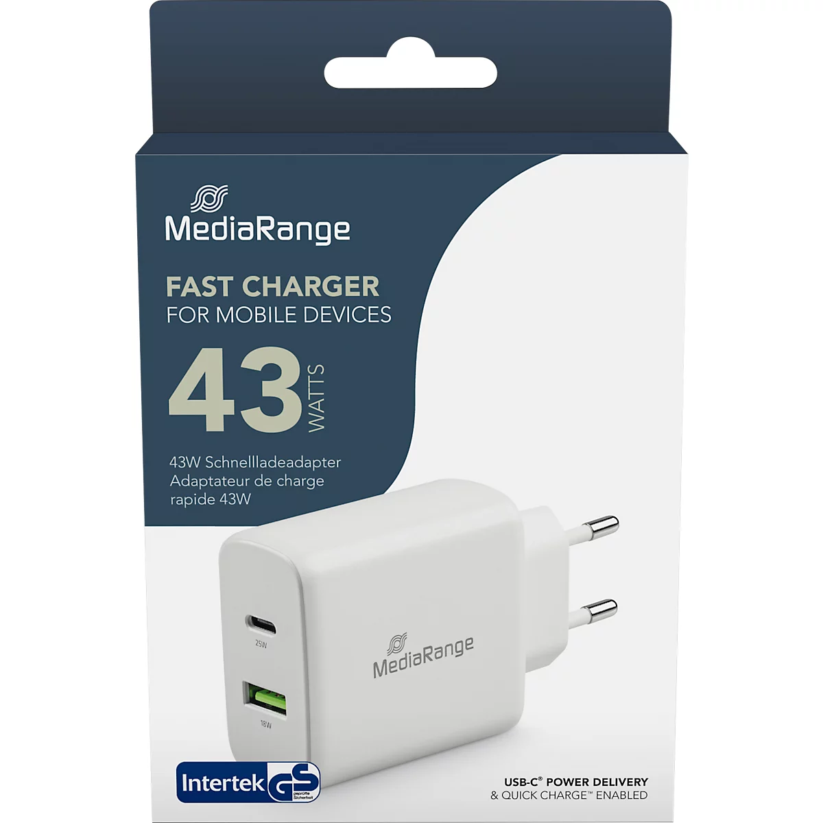 MediaRange Quick Charge Adaptateur de charge rapide 43 W, prise européenne, 1x USB-C et 1x USB-A, blanc