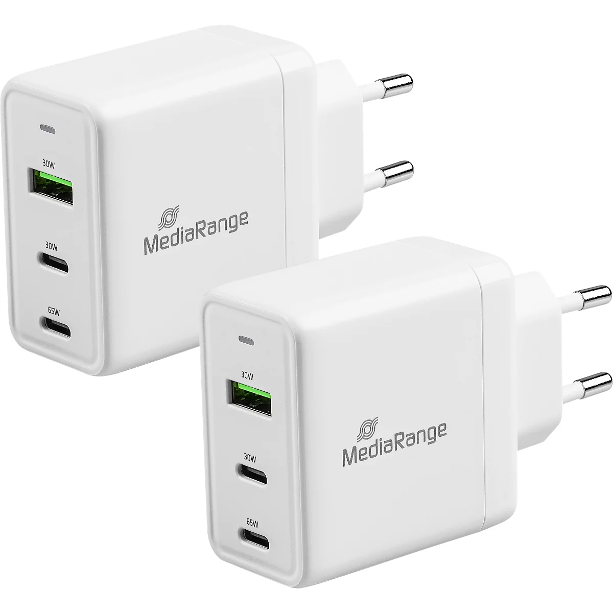 MediaRange Quick Charge Schnellladeadapter 65 W, Eurostecker, 2x USB-C und 1x USB-A, weiß