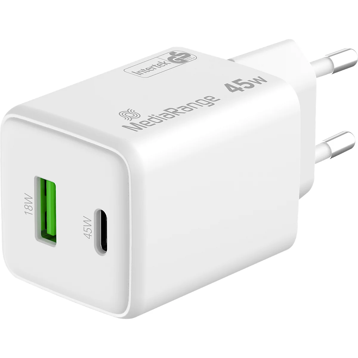 MediaRange Quick Charge Schnellladeadapter MRMA113-2, 45 W, Eurostecker, 1 x USB-C und 1 x USB-A, weiß
